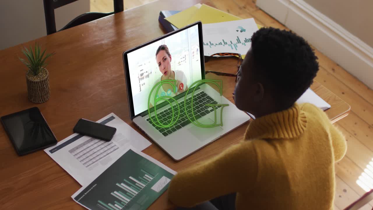 Animation of 6g text banner over african american woman having a video call on laptop at home