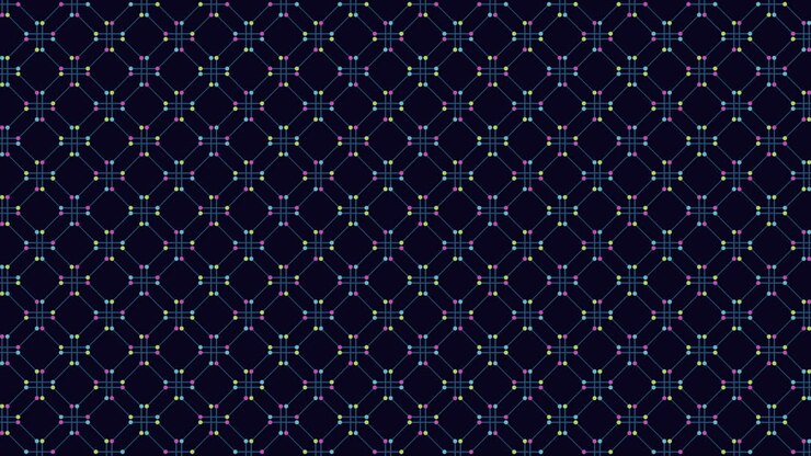 An abstract image featuring a striking black and blue grid pattern with colorful small shapes arranged in diamond formations, each showcasing a unique hue
