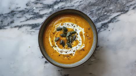 Deliciosa-Sopa-De-Calabaza-Con-Crema-Y-Semillas-Sobre-Mesa-De-Mármol