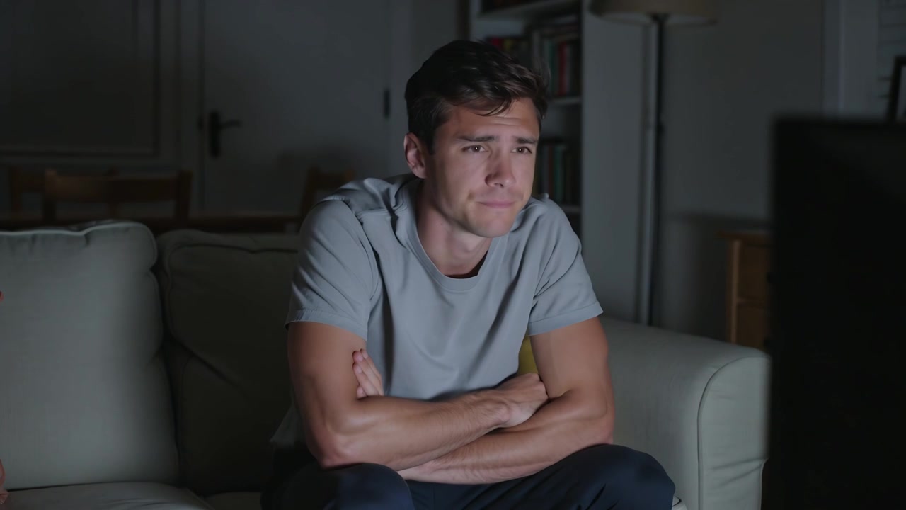 Hombre con camiseta gris clara, brazos cruzados y ceño fruncido, reaccionando al brillo de una pantalla en el sofá de su casa.