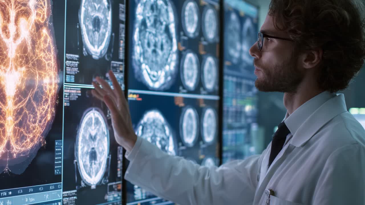 A Medical Professional Analyzing Advanced Brain Imaging Techniques in a High-Tech Lab Environment Focused on Neuroscience and Health Diagnostics