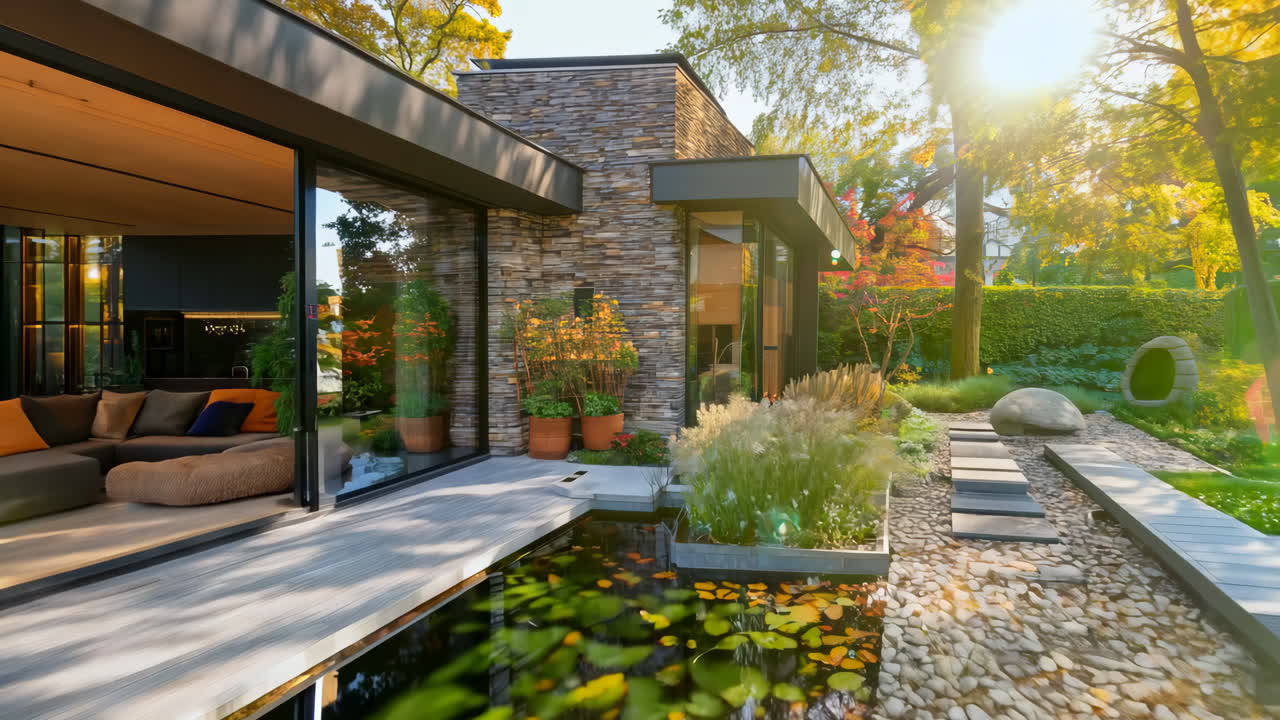 Modern Home Design With Serene Landscape in Autumn Sunshine. Explore a contemporary home featuring a tranquil pond