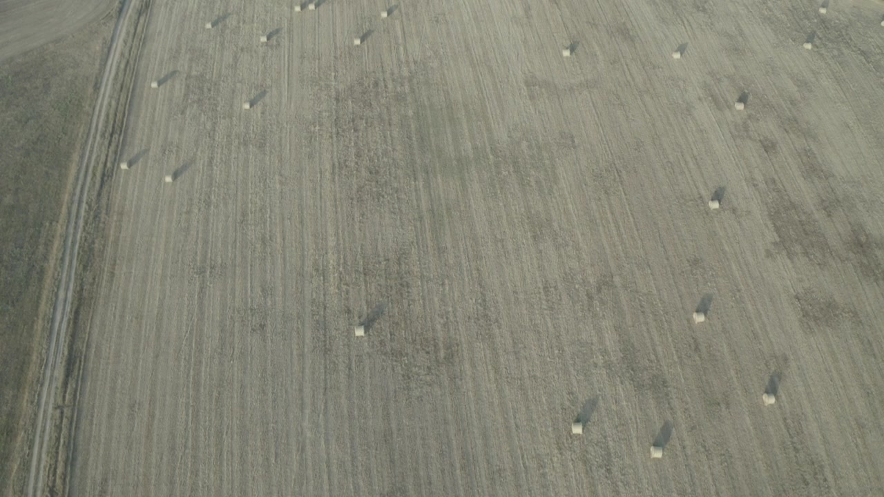 Backwards aerial shot over a field of straw bales