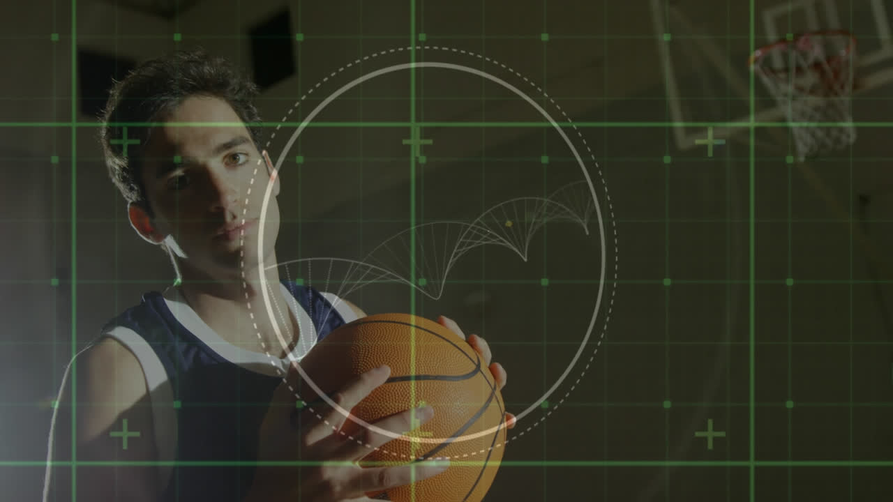 animación del procesamiento de datos digitales sobre el jugador de baloncesto