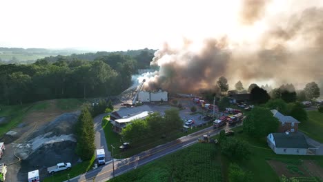 wide aerial establishing view of extensive damage from gas explosion