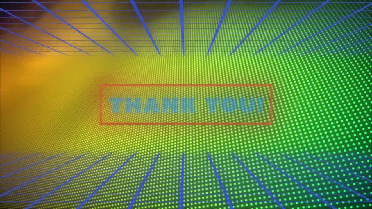 Animation of glowing thank you text over blue grid green and orange background