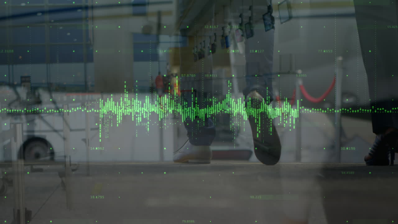 animación del procesamiento de datos financieros sobre diversas personas que caminan por la calle