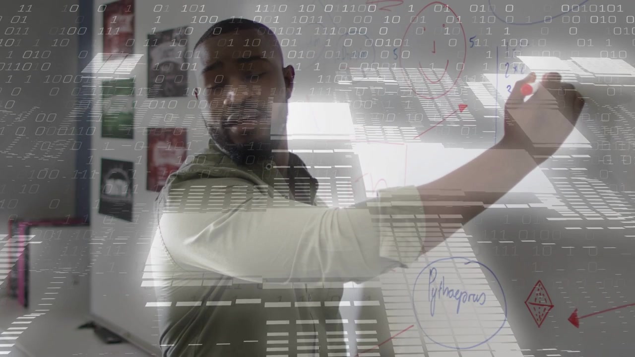 Teacher reaching to mark and writing education whiteboard while explaining, binary overlay diagrams