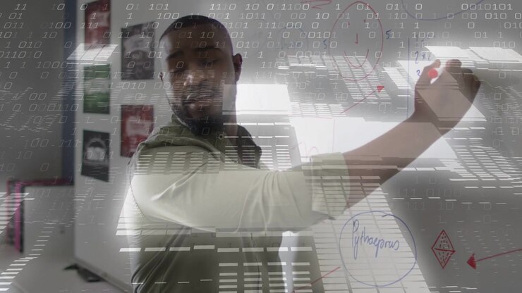 Teacher reaching to mark and writing education whiteboard while explaining, binary overlay diagrams