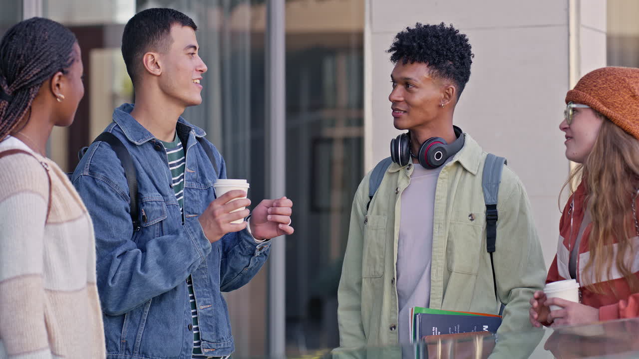 Group of diverse students talking on campus