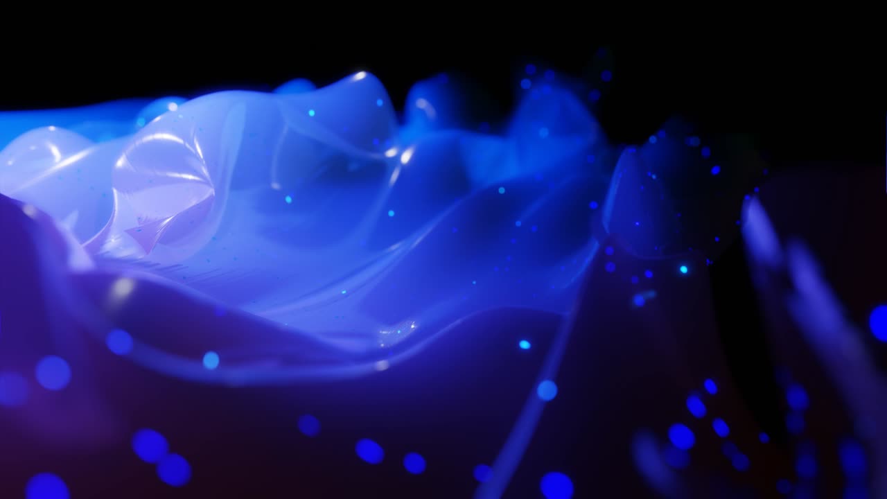 아름다운 파도, 빛나는 반이는 빛, 밝은 색 gradient 파란 보라색과 함께 추상적인 3d 표면. 파도는 매우 반이는, 반이는 반이는 표면에서 실행됩니다. 4k 루프 애니메이션
