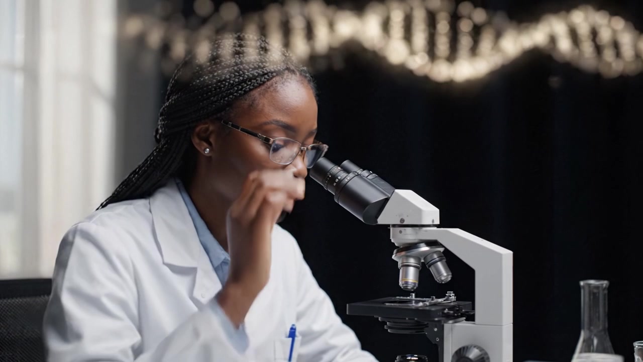Focused Researcher Analyzing Samples Under Microscope with DNA Helix in Background in Laboratory Environment
