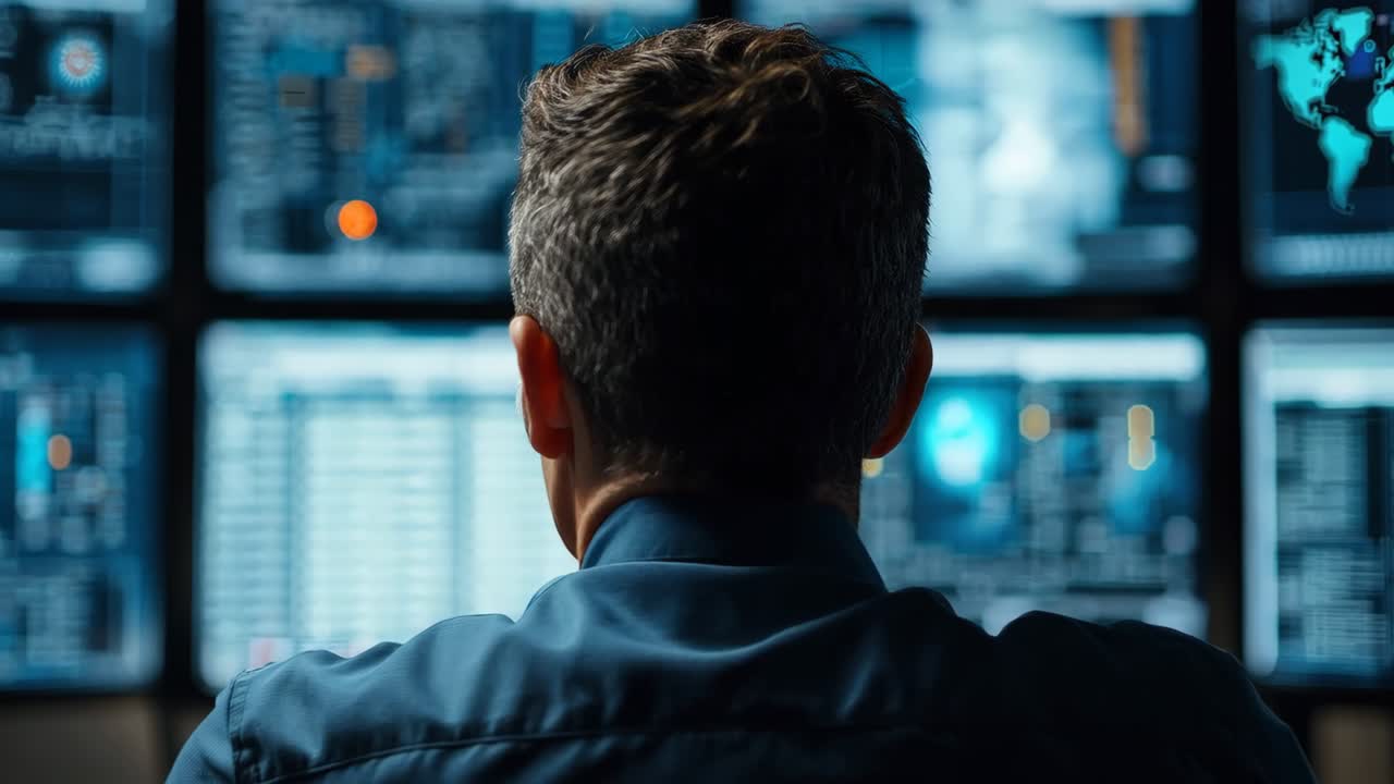 A man sitting in front of multiple computer monitors