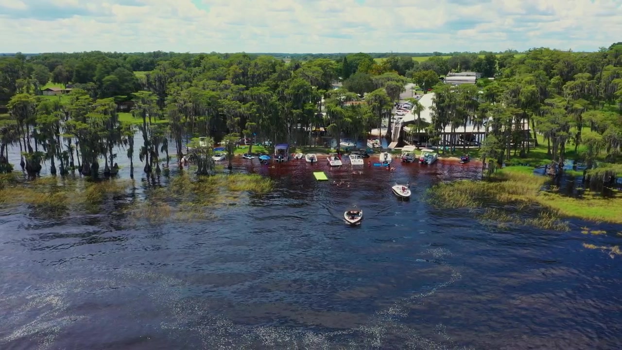 Clermont, Florida'daki Cypress Cove Resort'un havadan görünümü; teknelerin Minnehaha Gölü'ndeki selvi ağaçları arasında yüzdüğü, pitoresk bir Orta Florida kaçamağı yaratıyor.