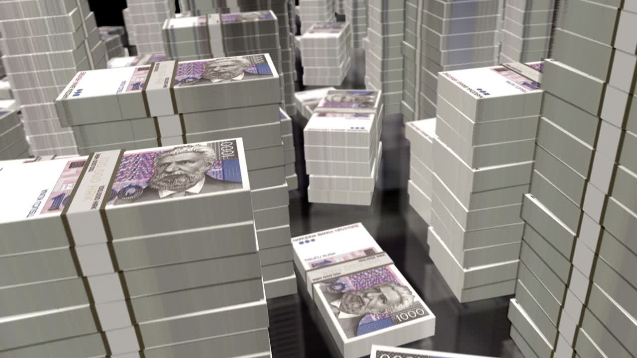 vuelo 3d sobre el kuna croata dinero paquetes de billetes animación de bucle