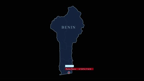 mapa azul de benín con la capital de porto-novo y las coordenadas geográficas en fondo negro
