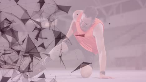 animation of geometrical shapes over caucasian male with running blade suffering at training