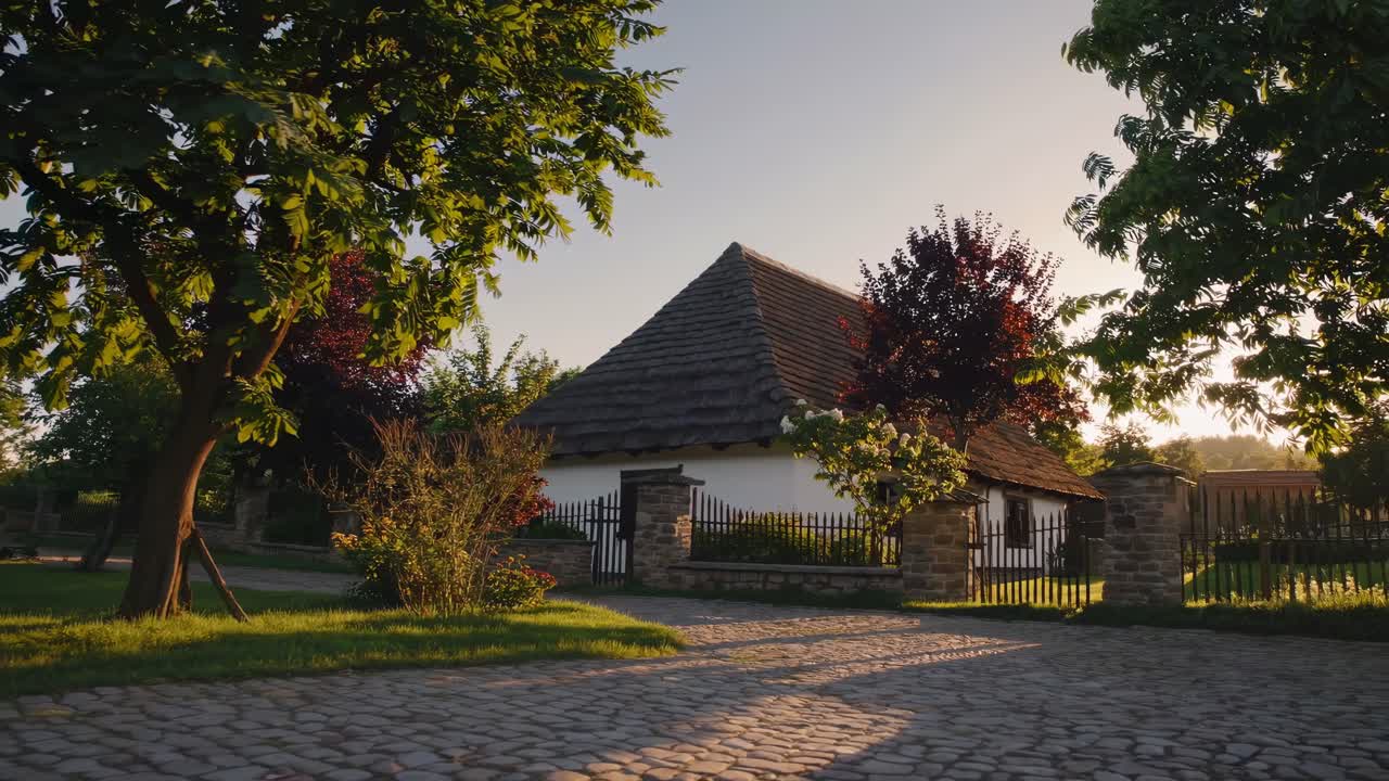 Incantevole casa rurale al tramonto, catturata da un'angolazione bassa. Il video evidenzia il paesaggio sereno.
