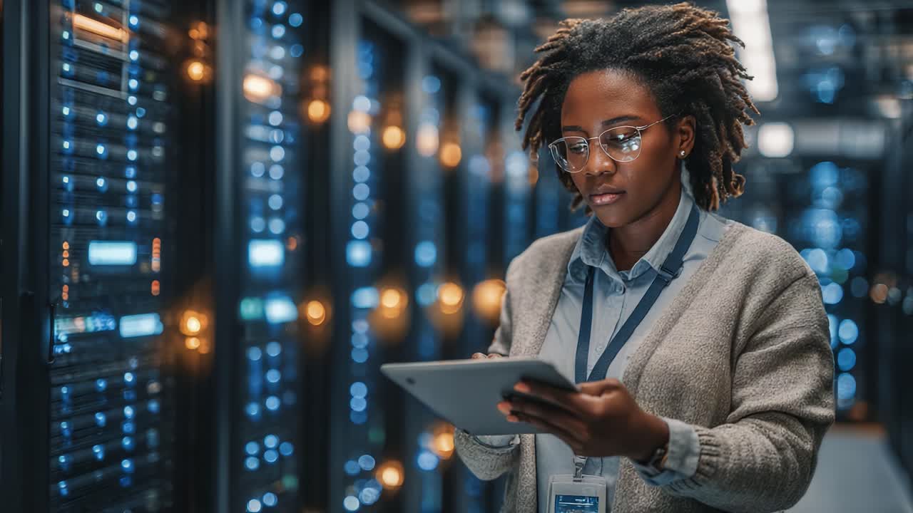 A focused individual works diligently in a server room, managing data and monitoring systems on a tablet amidst rows of glowing server racks