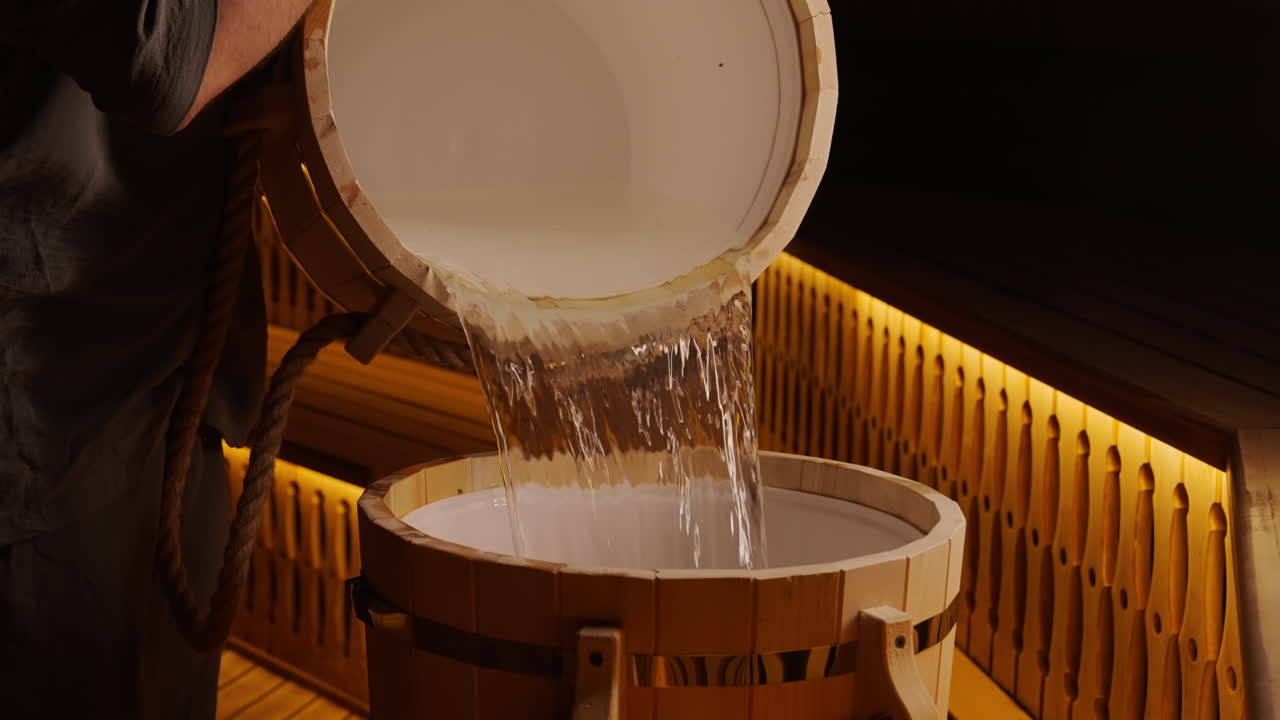 Pouring Water into a Wooden Sauna Barrel