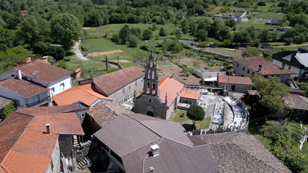 Aerial parallax around Santa Marta de Moreiras chapel, ourense spain