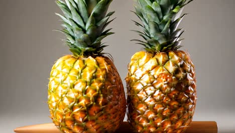 fresh pineapples displayed on a wooden surface in a studio setting