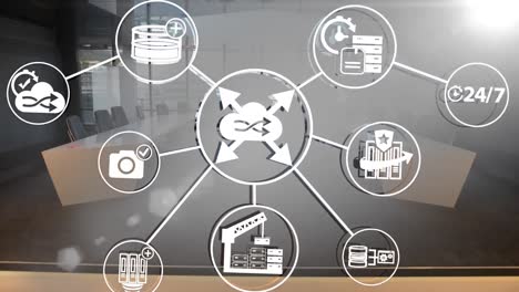 animación de iconos de negocios y oficinas sobre la oficina
