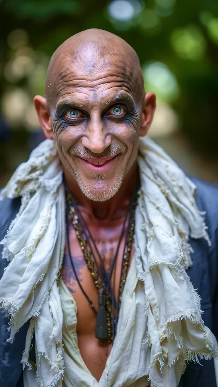 A man with blue eyes and a bald head wearing a scarf