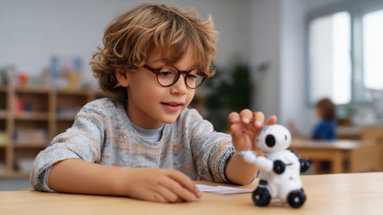En nysgerrig dreng leger med et robotlegetøj i et klasseværelse, hvor han udforsker teknologi og lærer gennem leg og interaktion med innovative enheder