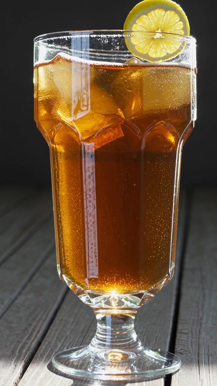 Tè freddo rinfrescante con limone e cubetti di ghiaccio su un tavolo di legno