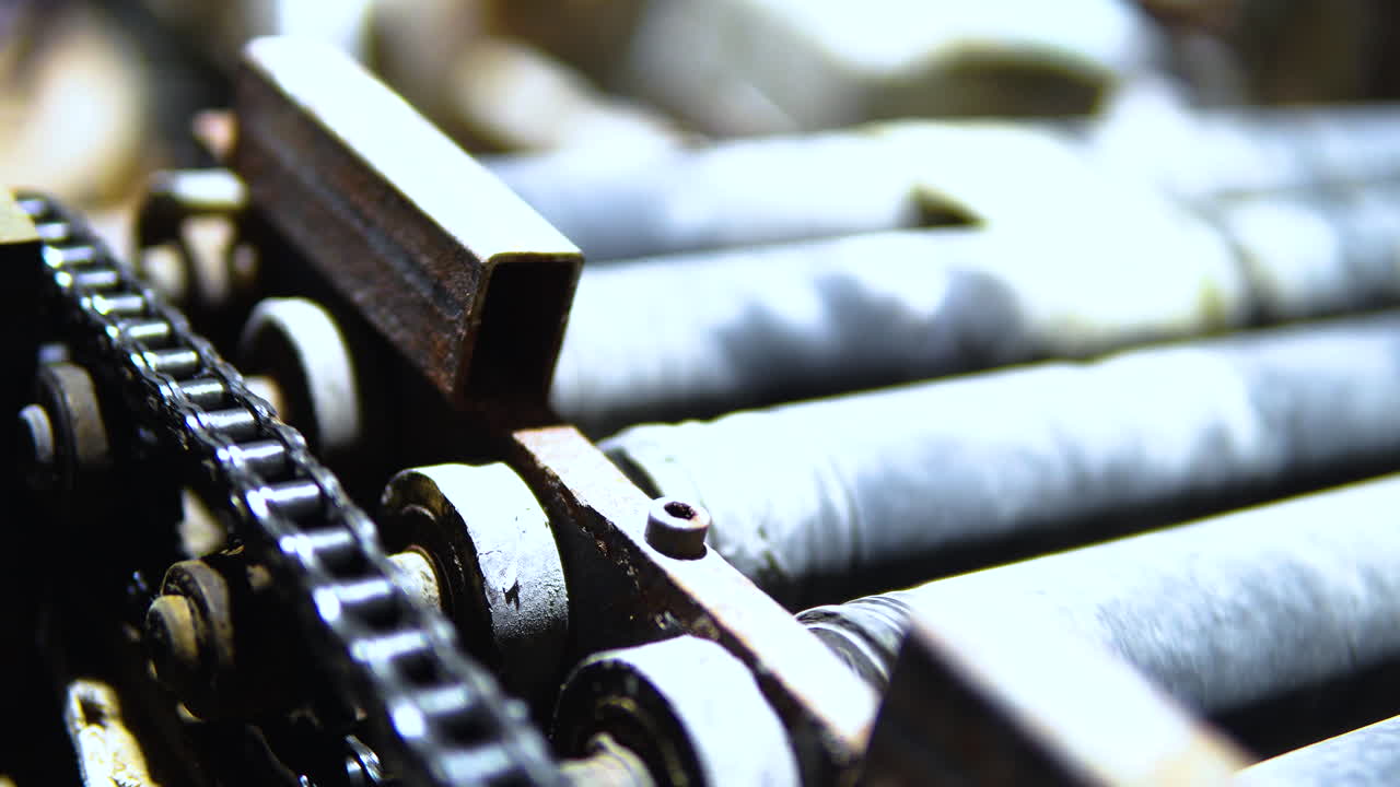 Close Up View Of Metal Chain On Rolling Machine. Low Angle