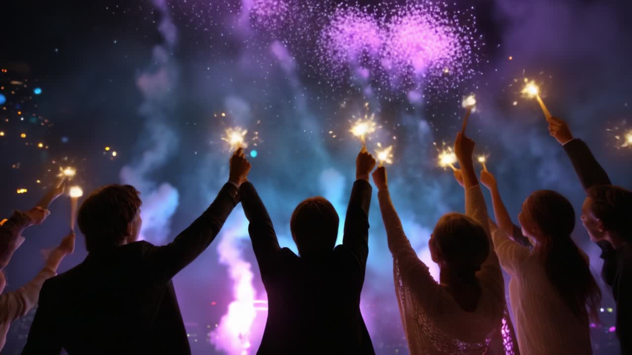 A Spectacular Celebration Finale with Friends and Sparklers Under a Colorful Fireworks Display, Illuminating the Night Sky with Bright Colors and Joyful Atmosphere for an Unforgettable Experience