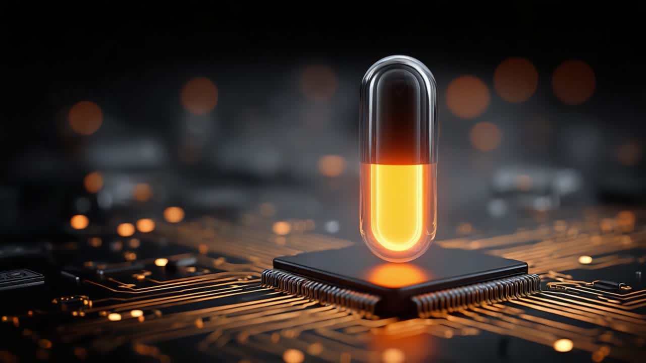 Una capsula luminosa su un microchip: un ponte tra tecnologia e medicina in un contesto futuristico.