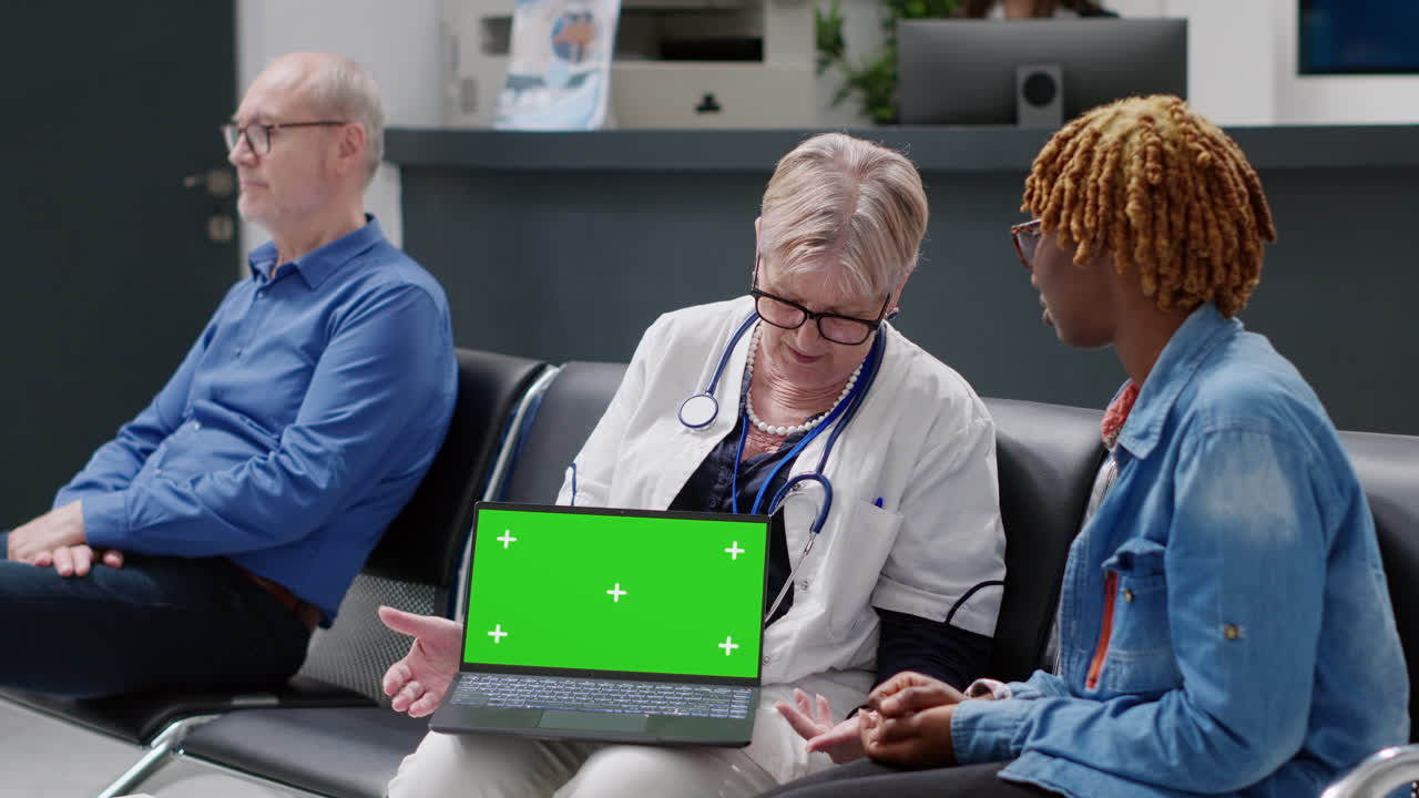 Doctor explaining diagnosis to patient using laptop in waiting room