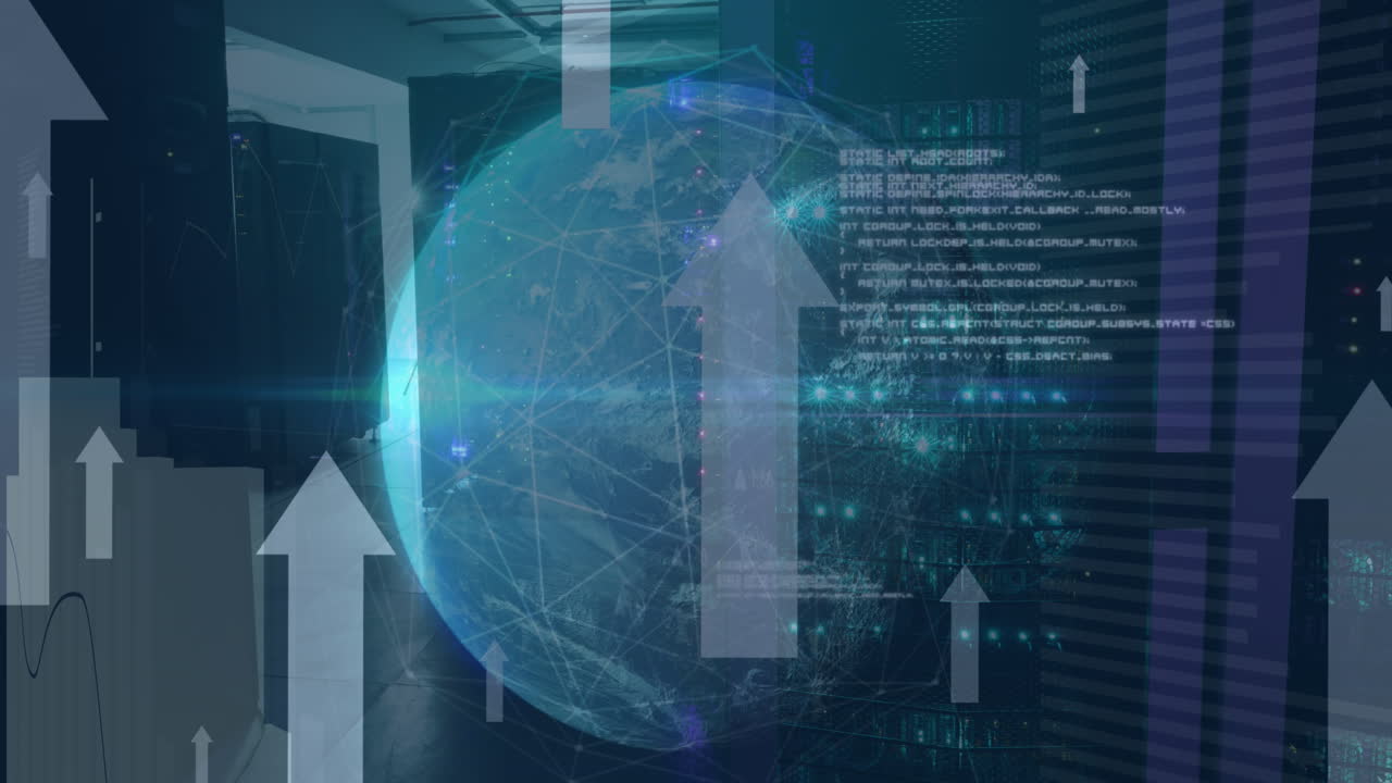 Animation of spinning globe, data processing and arrow icons moving upwards against server room