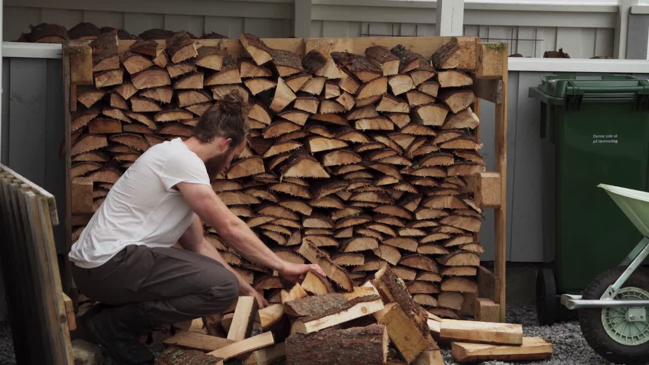 un hombre está apilando troncos de madera en el cobertizo para la temporada de invierno