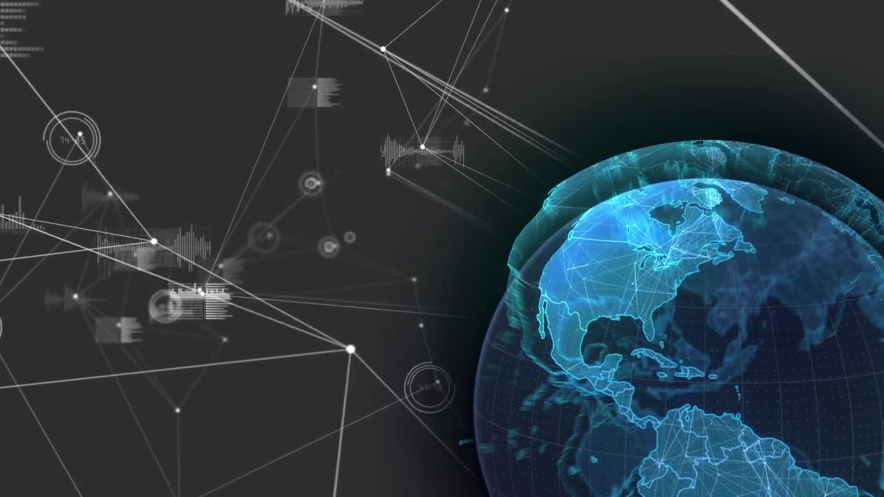 animación del globo sobre una red de conexiones y procesamiento de datos sobre fondo negro