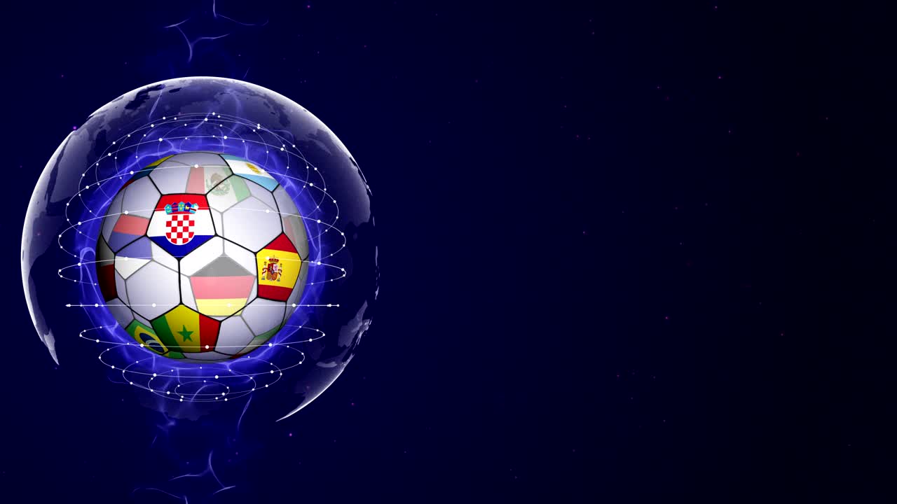 palla da calcio e bandiera mondiale in blu particelle astratte anello, animazione, sfondo, ciclo