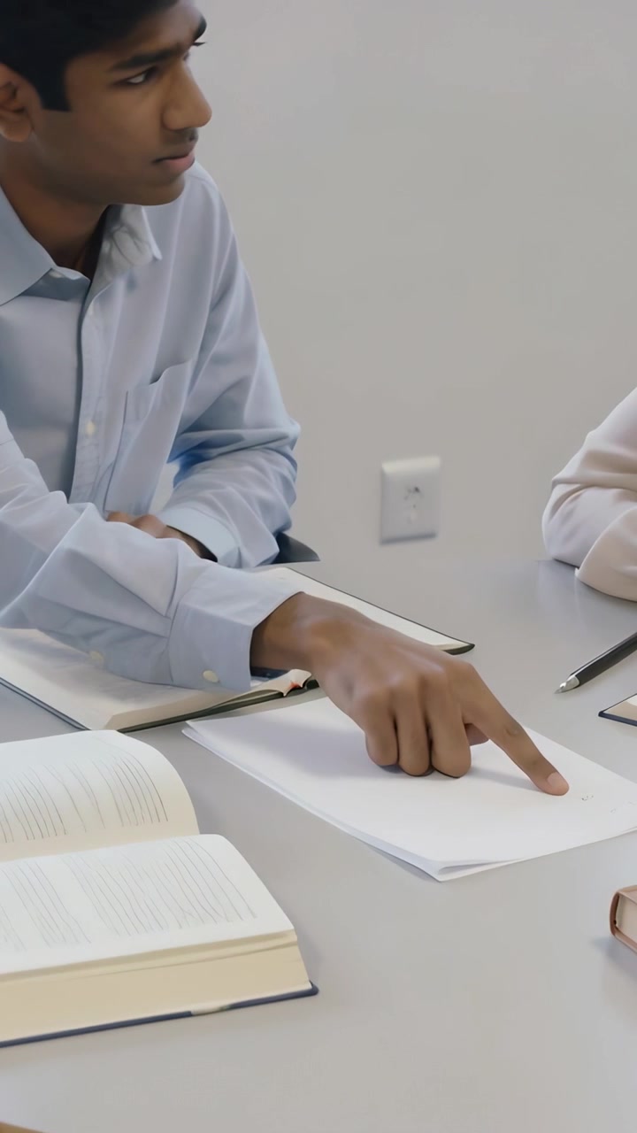 Video verticale: Vista dall'alto, uomo in camicia blu che legge un libro, indicando un foglio in uno studio per la revisione