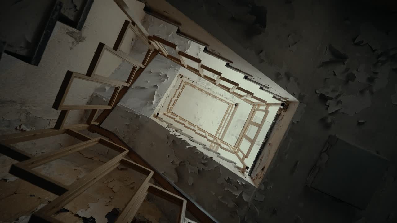 Inquietante vista verso l'alto di una tromba delle scale fatiscente in un edificio abbandonato