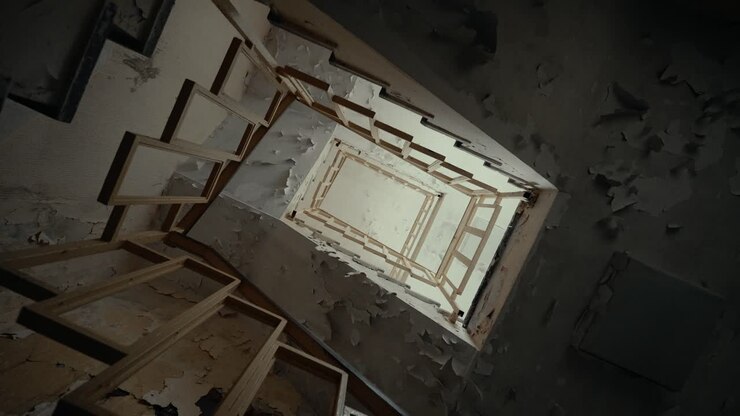 Eerie Upward View of a Decaying Stairwell in an Abandoned Building