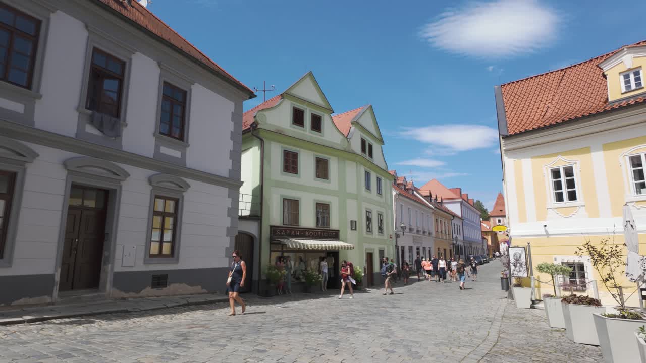 Historic city center of Český Krumlov with its charming medieval architecture pan across