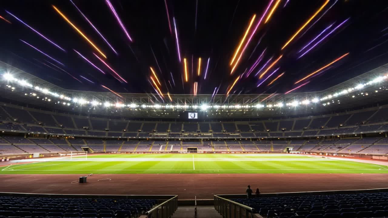 Illuminated Stadium at Night: A Stunning Display of Color and Motion Captured in Dynamic Blurs Over the Football Field
