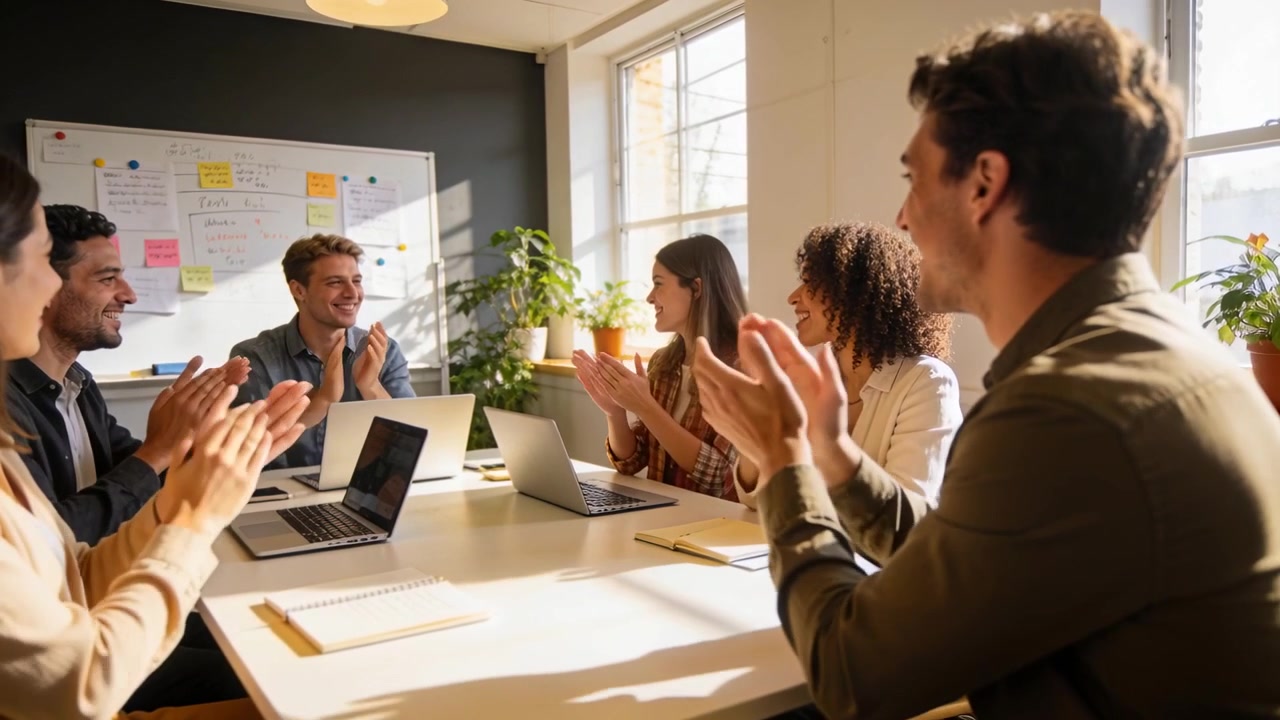Clapping man on right in blazers starting applause for milestone in meeting with laptops