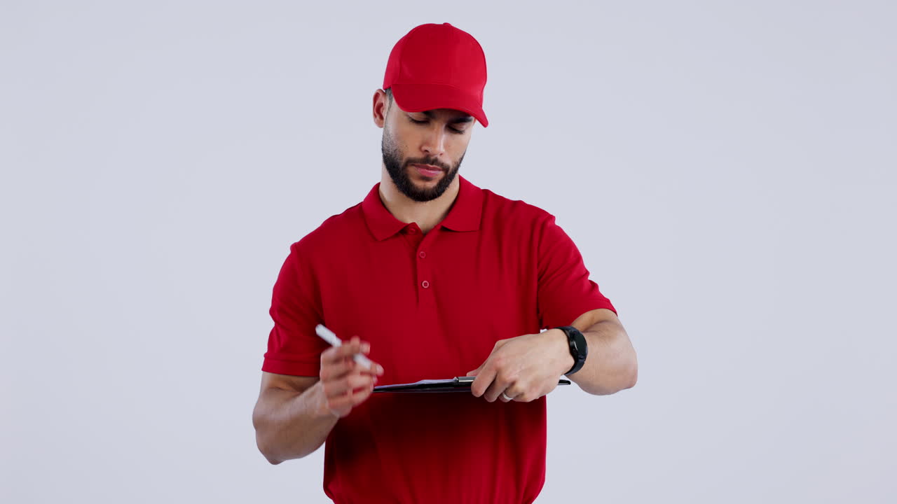 cara, firma o hombre de entrega feliz en el estudio