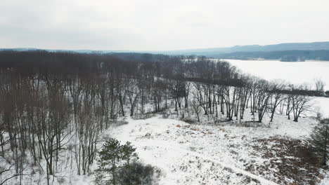 Aerial-shot-of-empty-winter-forest-on-the-shores-of-a-frozen-snow-covered-lake