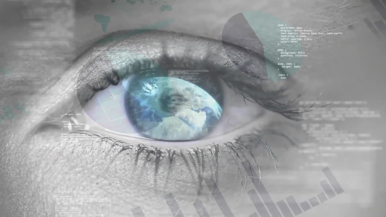 occhi blu che si aprono mentre la terra gira nella sua pupilla. filtro di grafico, cerchio e grafico a barre