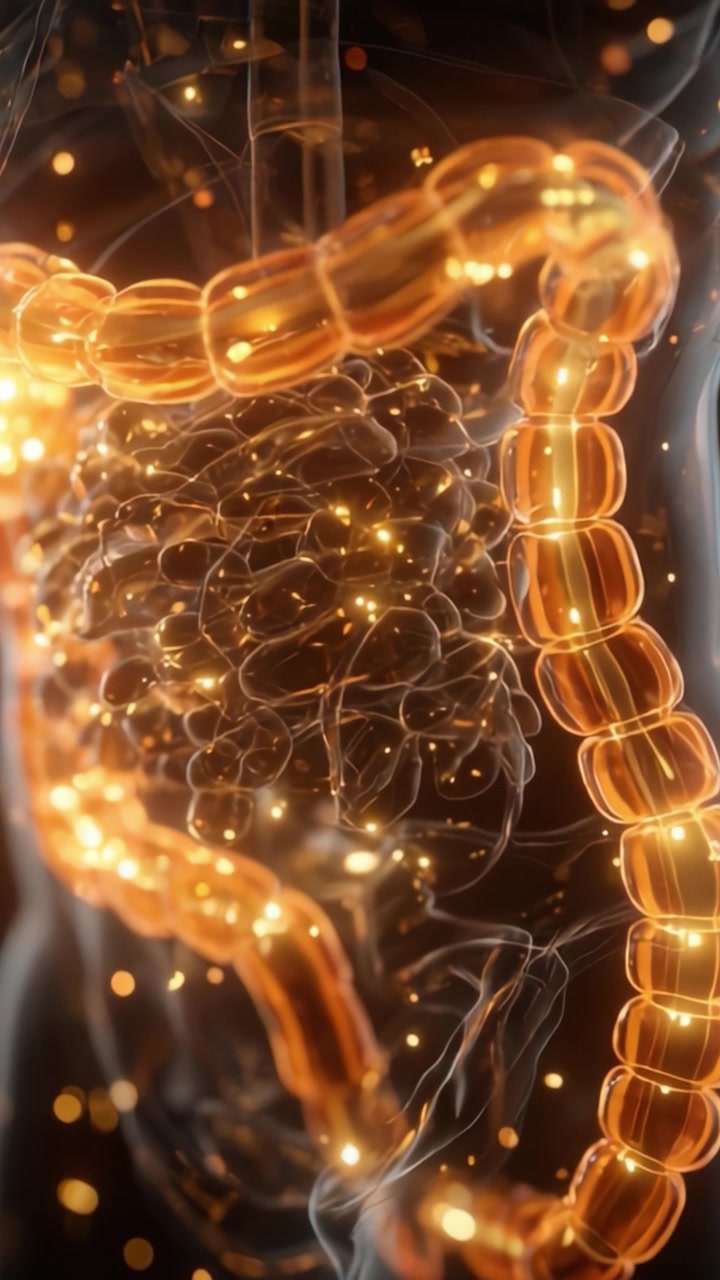 Splendida visualizzazione del sistema digestivo umano che rivela le intricate strutture dell'intestino crasso con effetti luminosi e particelle iridescenti