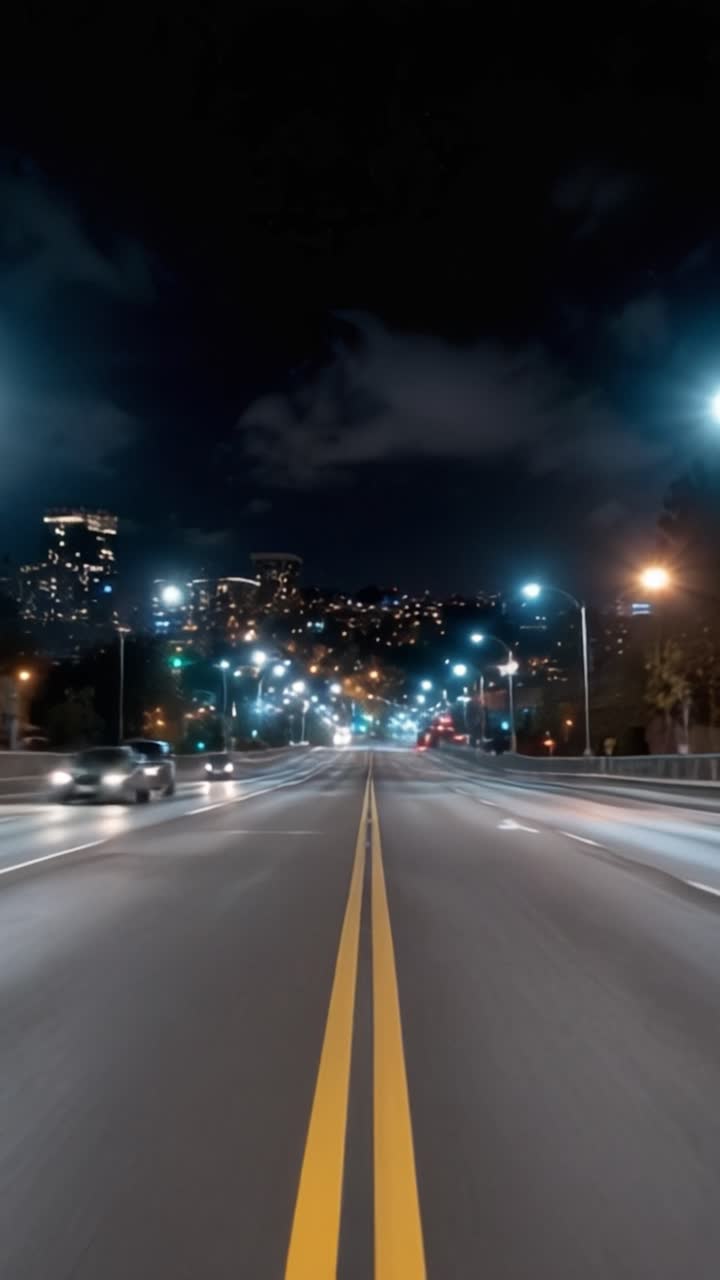 Una serena scena autostradale notturna con luci della città e un cielo limpido, che cattura l'essenza della vita notturna urbana e la calma della strada aperta.