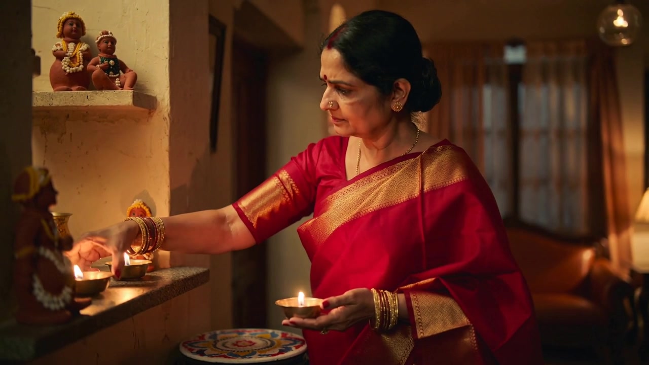 Donna in sari rosso che tiene in mano diya accese e le posiziona in un santuario, eseguendo una puja con idoli rangoli